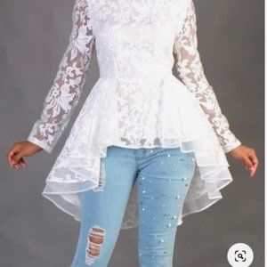 Women's For Her Lace Floral Overlay Peplum High Low Top